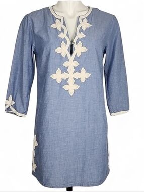 JOE Women's Blue Chambray Tunic Top Embroidered 100% Cotton V-Neck 3/4 Sleeve S